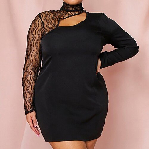 

Women's Plus Size Lace Dress Solid Color Turtleneck Long Sleeve Fall Winter Sexy Short Mini Dress Daily Vacation Dress