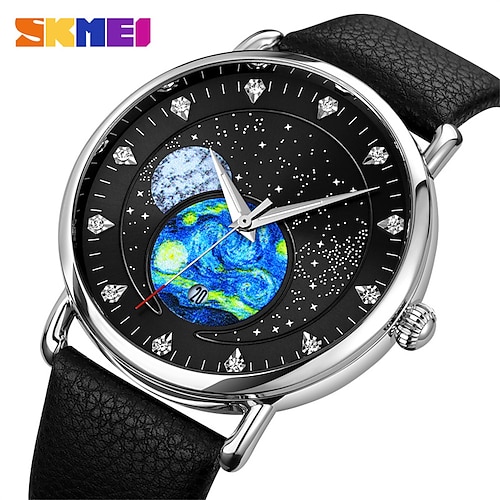 

SKMEI Starry Universe Quartz Watch Men Creative Dial Wristwatch Waterproof Calendar Business Clock Original Design 2 Straps 9283