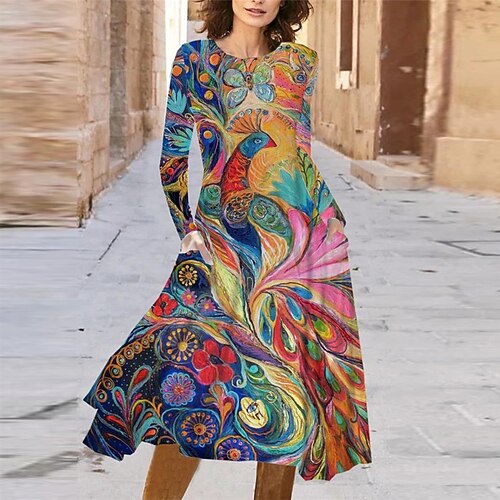 

Women's Casual Dress A Line Dress Midi Dress Rainbow Long Sleeve Animal Floral Pocket Print Fall Winter Round Neck Vacation Casual 2022 S M L XL XXL 3XL
