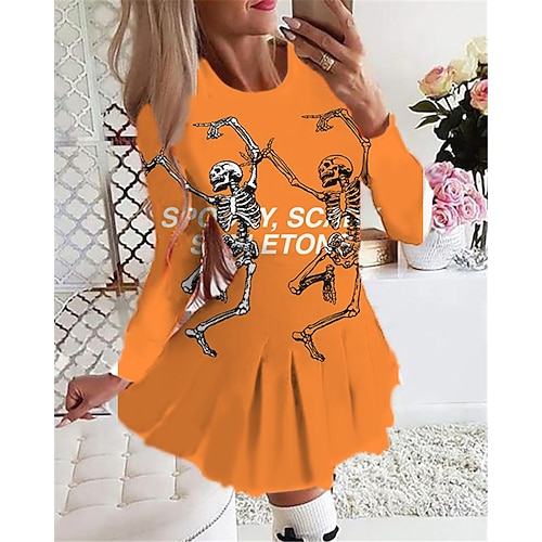 

Women's Casual Dress Swing Dress Short Mini Dress caramel Yellow Orange Black Long Sleeve Skull Letter Pumpkin Print Fall Winter Round Neck Vacation Casual Halloween 2022 S M L XL 2XL 3XL 4XL 5XL 6XL