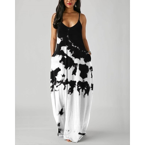 

Women's Casual Dress Long Dress Maxi Dress Black And White Sleeveless Color Block Pocket Fall Summer Autumn Spaghetti Strap Fashion Weekend Loose Fit 2022 S M L XL XXL