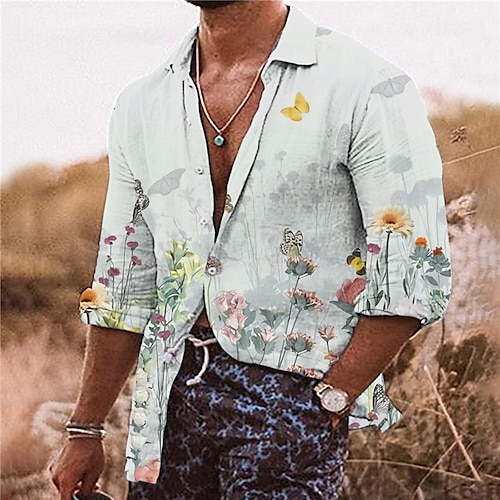 

Men's Shirt Graphic Shirt Floral Butterfly Turndown Green 3D Print Outdoor Street Long Sleeve Button-Down Print Clothing Apparel Fashion Designer Casual Breathable