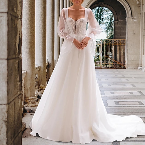 

A-Line Wedding Dresses Strapless Court Train Satin Lace Organza Sleeveless Formal Romantic Sexy Backless Illusion Sleeve with Pleats Appliques 2022