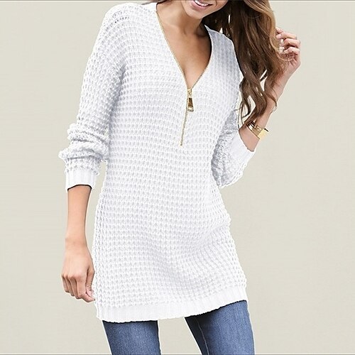 

Women's Sweater Jumper Dress Sheath Dress Short Mini Dress White Black Red Navy Blue Long Sleeve Pure Color Zipper Knit Fall Winter V Neck Casual Classic 2022 S M L XL XXL 3XL