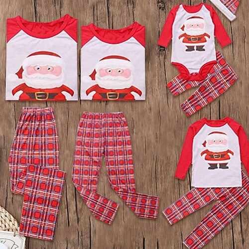 

Family Look Christmas Pajamas Plaid Santa Claus Christmas pattern Home Red Long Sleeve Daily Matching Outfits