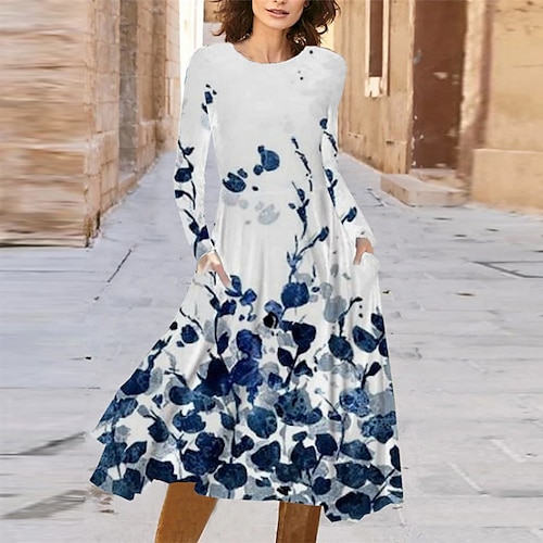 

Women's Casual Dress Swing Dress Midi Dress Blue Long Sleeve Floral Pocket Winter Fall Autumn Winter Dress Fall Dress 2022 S M L XL XXL 3XL