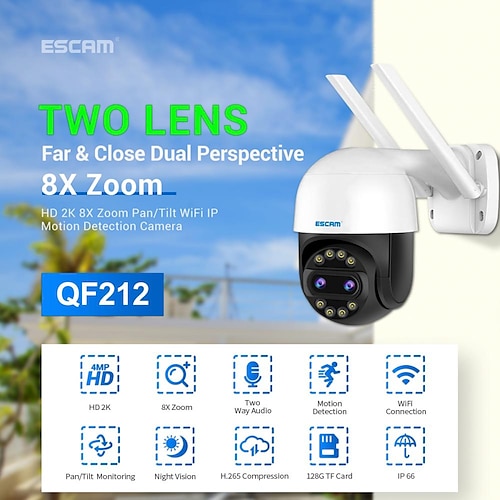 

ESCAM ESCAM QF212 IP Camera 4MP PTZ WIFI Waterproof Motion Detection Dual Stream Outdoor Apartment Garden Support 128 GB / CMOS / Dynamic IP address / Android