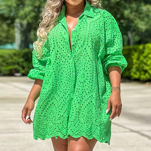 

Women's Cut Out Dress Green Red Long Sleeve Pure Color Hollow Out Winter Fall Autumn Shirt Collar Fashion Winter Dress Christmas Fall Dress Loose Fit 2022 S M L XL XXL