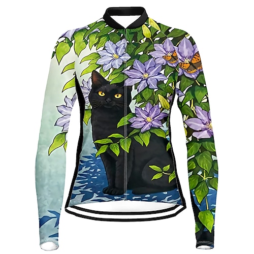 

21Grams Women's Cycling Jersey Long Sleeve Bike Top with 3 Rear Pockets Mountain Bike MTB Road Bike Cycling Breathable Quick Dry Moisture Wicking Reflective Strips Green Cat Floral Botanical