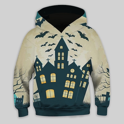 

Kids Boys Halloween Hoodie Halloween pattern Outdoor 3D Print Long Sleeve Pocket Active 3-13 Years Winter Khaki