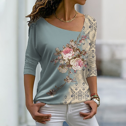 

Mujer Camiseta Rosa Azul Piscina Beige Floral Estampado Manga Larga Casual Fin de semana Básico Escote en Pico Regular Flor Pintura Talla Grande S