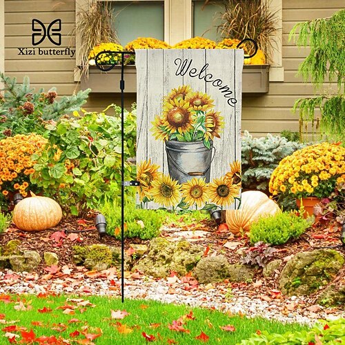 

Thanksgiving Sunflower Maple Leaf Checkered Linen Garden Flag, Double-sided Digital Printing, 30 45cm