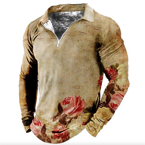 

Men's Collar Polo Shirt Golf Shirt Rose Turndown Yellow Gray 3D Print Outdoor Street Long Sleeve Zipper Print Clothing Apparel Fashion Designer Casual Breathable