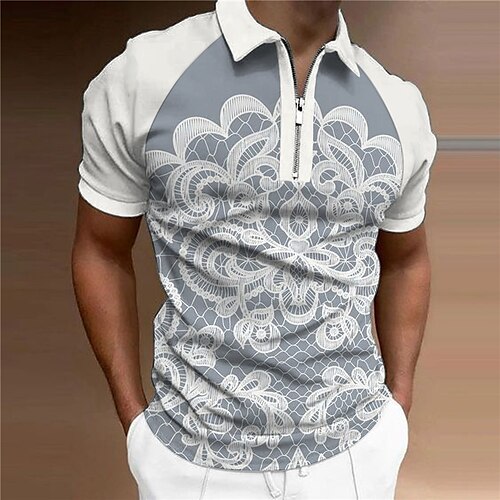 

Men's Collar Polo Shirt Golf Shirt Floral Turndown Gray Black 3D Print Outdoor Street Short Sleeves Zipper Print Clothing Apparel Fashion Designer Casual Breathable / Summer / Spring / Summer