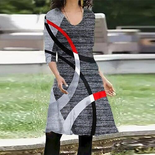 

Women's Casual Dress T Shirt Dress Tee Dress Short Mini Dress Gray Long Sleeve Geometric Pocket Print Fall Winter V Neck Vacation Casual 2022 S M L XL XXL 3XL