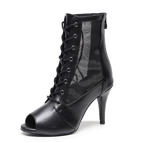 

Women's Dance Boots Party Indoor Outdoor Lace Up Boots Tulle Slim High Heel Peep Toe Lace-up Adults' Black