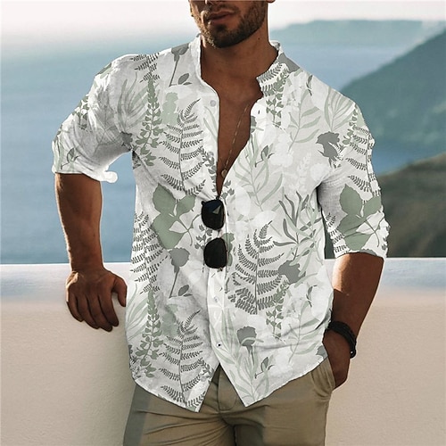 

Men's Shirt Leaves Stand Collar Green 3D Print Outdoor Street Long Sleeve Button-Down Print Clothing Apparel Fashion Designer Casual Breathable