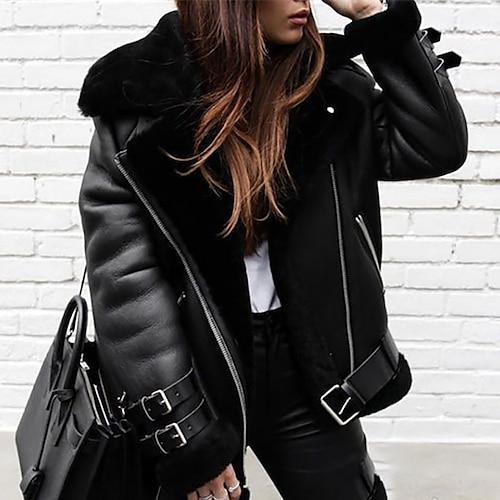 

Women's Faux Leather Jacket Windproof Warm Outdoor Street Daily Vacation Zipper Pocket Zipper Turndown Fashion Casual Street Style Solid Color Regular Fit Outerwear Long Sleeve Winter Fall Black S M