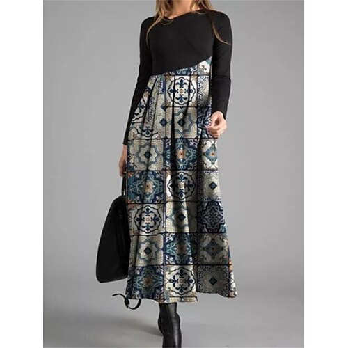 

Mujer Vestido informal Vestido Étnico vestido largo vestido largo Azul Piscina Arco Iris Manga Larga Estampado Frunce Invierno Otoño Cuello Barco Casual Vestido de invierno vestido de otoño 2023 S M