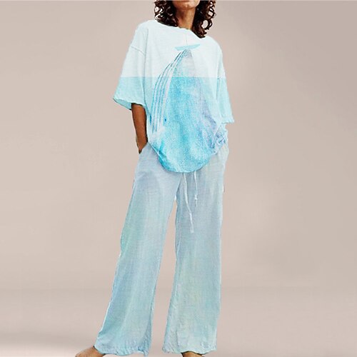 

Women's Loungewear Sets 2 Pieces Animal Fashion Comfort Home Street Cotton Spandex Jersey Crew Neck Short Sleeve T shirt Tee Pant Fall Spring Blue