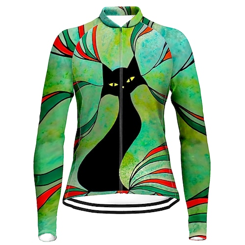 

21Grams Women's Cycling Jersey Long Sleeve Bike Top with 3 Rear Pockets Mountain Bike MTB Road Bike Cycling Breathable Quick Dry Moisture Wicking Reflective Strips Green Cat Polyester Spandex Sports