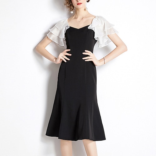 

Women's A Line Dress Sheath Dress Knee Length Dress Black Short Sleeve Color Block Ruched Ruffle Fall Winter V Neck Fashion Modern Mature 2022 S M L XL XXL