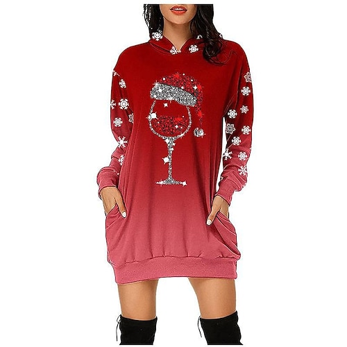 

Women's Casual Dress Hoodie Dress Short Mini Dress Blue Grey Red Long Sleeve Print Snowflake Print Fall Winter Hooded Fashion Casual 2022 S M L XL 2XL