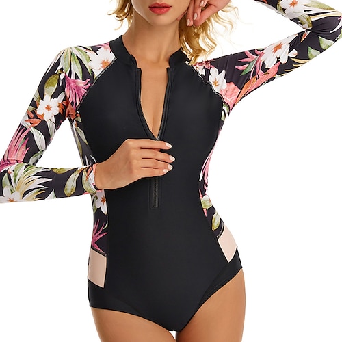 

Women's Rash guard Swimsuit UPF50 Quick Dry Long Sleeve Spandex Bodysuit Bathing Suit Front Zip Swimming Surfing Beach Water Sports Floral Spring Summer Autumn