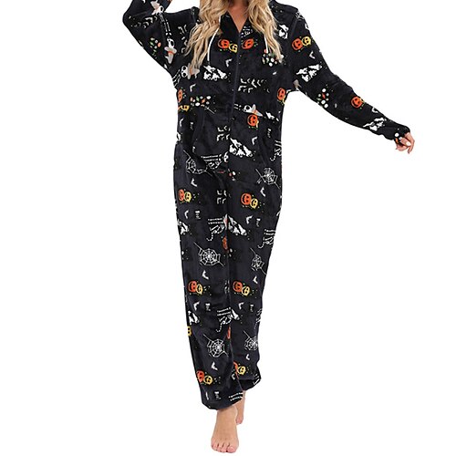 

Women's Pajamas Onesies Jumpsuits One Piece Pajama Skull Pumpkin Simple Comfort Soft Home Halloween Daily Flannel Breathable Hoodie Long Sleeve Winter Fall White Black