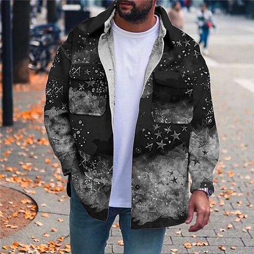 

Men's Coat Street Daily Vacation Fall Winter Regular Coat Regular Fit Warm Breathable Streetwear Chic & Modern Casual Jacket Long Sleeve 3D Print Stars Pocket Print Black