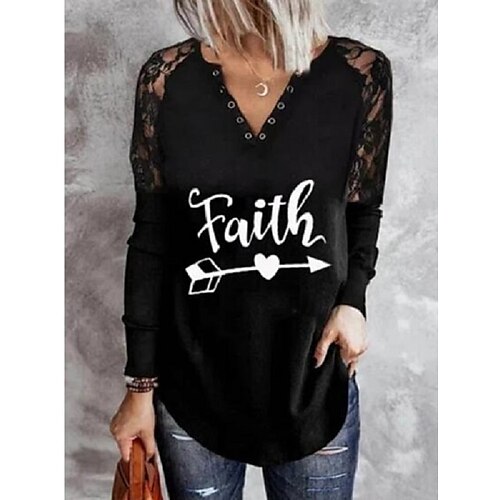 

Women's T shirt Tee Black Heart Text Print Long Sleeve Daily Weekend Basic V Neck Regular Painting S