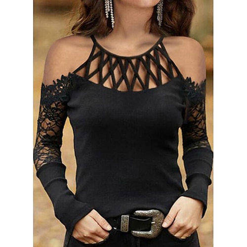 

Women's T shirt Tee Plain Casual Weekend T shirt Tee Long Sleeve Cut Out Lace Patchwork Round Neck Basic Black S