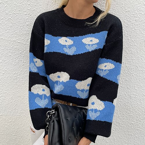 

Women's Pullover Sweater Jumper Ribbed Knit Knitted Color Block Crew Neck Stylish Casual Outdoor Daily Fall Winter Black S M L / Long Sleeve