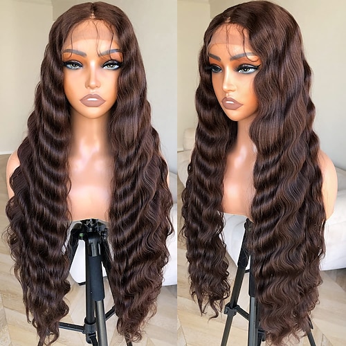 

Synthetic Lace Front Wigs Deep Wave Chocolate Brown Crimps Hair Glueless Wigs Pre Plucked Melted Hairline Lace Wig for Black Women