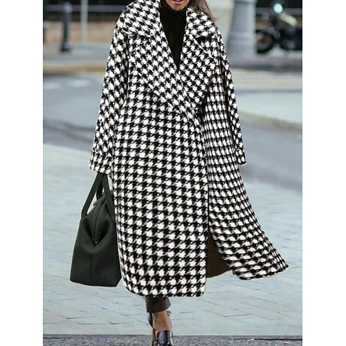 

Women's Winter Coat Coat Warm Street Shopping Daily Weekend Print Open Front Turndown Street Style Houndstooth Regular Fit Outerwear Long Sleeve Winter Fall Black And White M L XL XXL 3XL