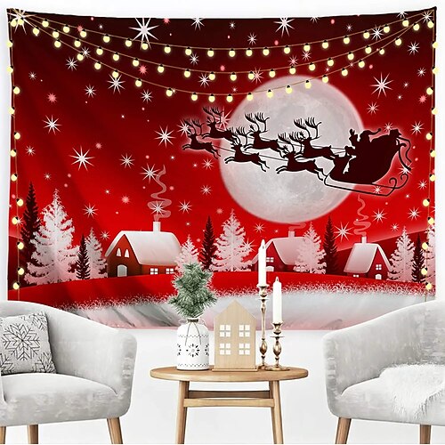 

Christmas Party Wall Tapestry Holiday Photography Background Santa Claus Snowman Reindeer Tree Gift Art Decor Blanket Curtain Hanging Home Bedroom Living Room Decoration Polyester