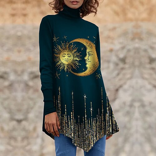 

Women's T shirt Tee Green Galaxy Print Long Sleeve Daily Weekend Basic High Neck Long Painting S / 3D Print