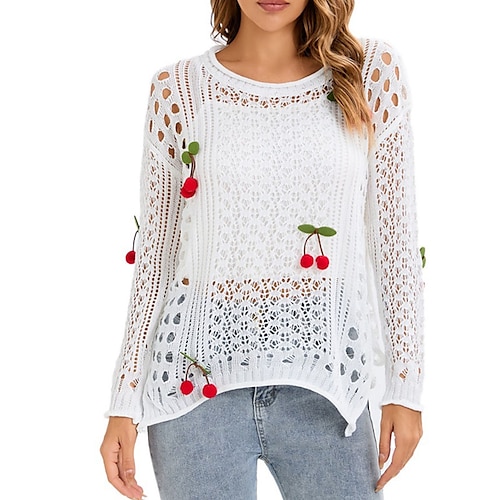 

Women's Pullover Sweater jumper Jumper Crochet Knit Knitted Hole Fruit Crew Neck Stylish Casual Outdoor Daily Winter Fall White One-Size / Long Sleeve / Regular Fit / Going out