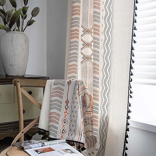 

Curtain Bohemian Cream Cotton Linen Printed Shade Free Punch Living Room Bedroom Kitchen Bay Window Curtain Fabric