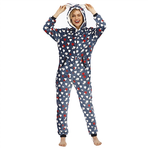 

Women's Winter Loungewear Kigurumi Pajamas Winter Onesies Jumpsuits Heart Lovers Comfort Soft Home Vacation Valentine's Day Flannel Warm Hoodie Long Sleeve Pocket Hoodie Winter Fall Royal Blue / Pjs