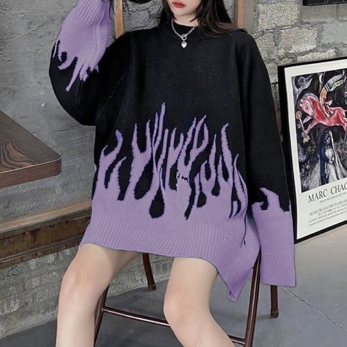 

Women's Pullover Sweater jumper Jumper Ribbed Knit Knitted Flame Crew Neck Stylish Casual Outdoor Daily Winter Fall Blue Purple One-Size / Long Sleeve / Holiday / Regular Fit / Going out