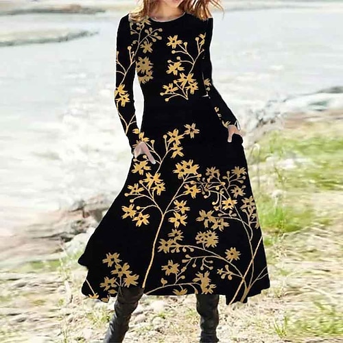 

Women's Casual Dress A Line Dress Midi Dress Pink Yellow Long Sleeve Floral Pocket Print Fall Winter Round Neck Vacation Casual 2022 S M L XL XXL 3XL