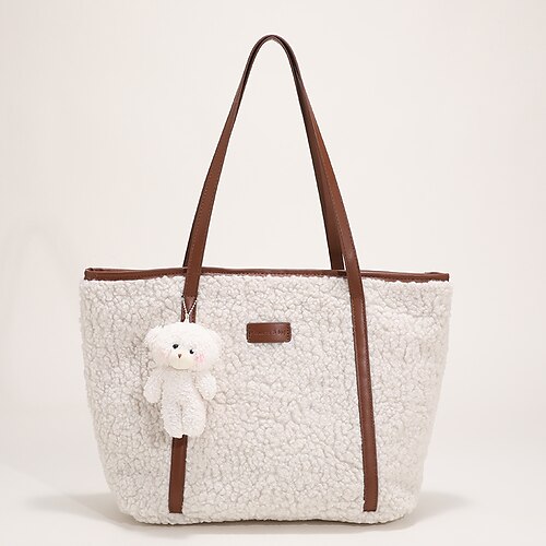 

Women's Fluffy Bag Plush Bag Tote Top Handle Bag Rabbit Hair Bear Solid Color Daily Going out White Black Khaki