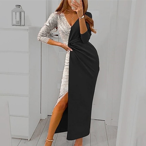 

Damen Cocktailpartykleid Hochzeitsgastkleid Samtkleid rot Paillettenkleid langes Kleid Maxikleid wein silber schwarz 3/4-Ärmel Farbblock Pailletten Patchwork Schlitz Winter Herbst V-Ausschnitt Party