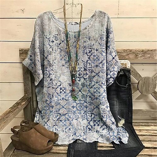 

Women's Plus Size Tops Blouse Shirt Color Gradient Print Short Sleeve Crewneck Streetwear Daily Vacation Polyester Spring Fall Green Blue