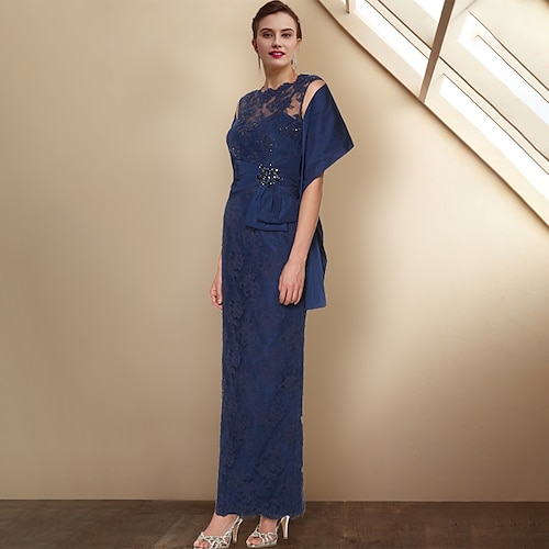 

Two Piece Sheath / Column Mother of the Bride Dress Elegant Jewel Neck Ankle Length Satin Lace Sleeveless Shawls with Bow(s) Crystals Appliques 2022