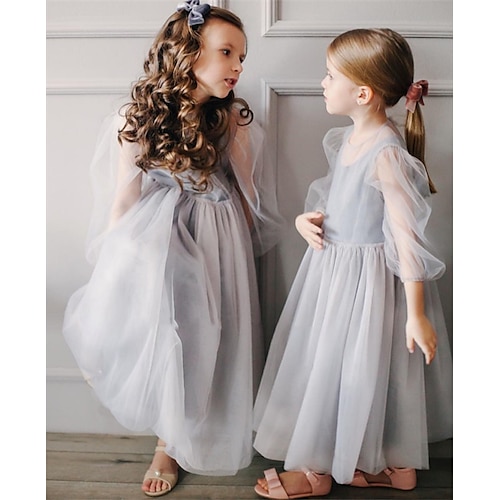 

First Communion Wedding Party Princess Flower Girl Dresses Jewel Neck Floor Length Cotton with Pure Color Splicing Tutu Cute Girls' Party Dress Fit 3-16 Years