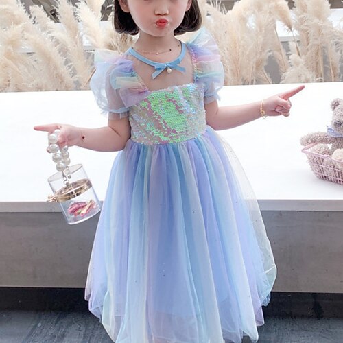 

Kids Girls' Frozen Elsa Costume Dress Sequin Rainbow A Line Dress Party Holiday Blue Midi Short Sleeve Princess Sweet Dresses Spring Summer Regular Fit 2-6 Years