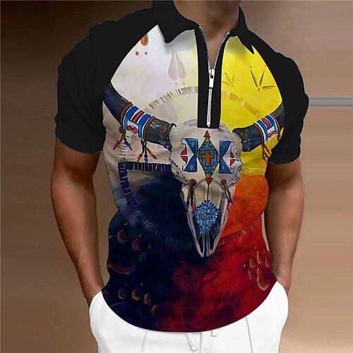 

Men's Collar Polo Shirt Golf Shirt Animal Antelope Turndown Black 3D Print Outdoor Street Short Sleeves Zipper Print Clothing Apparel Fashion Designer Casual Breathable / Summer / Spring / Summer