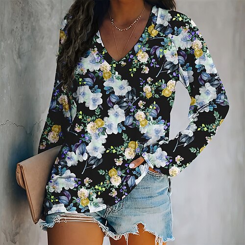 

Women's T shirt Tee Blue Purple Yellow Leaf Leopard Print Long Sleeve Casual Weekend Basic V Neck Regular Floral Painting S / 3D Print